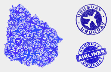 Air plane vector Uruguay map mosaic and scratched seals. Abstract Uruguay map is constructed with blue flat scattered air plane symbols and map pointers. Shipping scheme in blue colors,