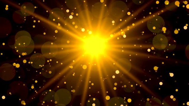 Glamour abstract starburst background with golden sparky particles moving towards the camera. Celebration and holiday background shiny bokeh effect. 4k
