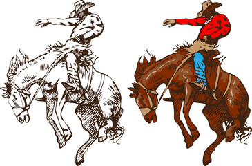  cowboy riding a wild horse mustang rounding a kicking horse on a rodeo graphic sketch sketching graphics	 - obrazy, fototapety, plakaty
