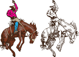  cowboy riding a wild rodeo horse - obrazy, fototapety, plakaty