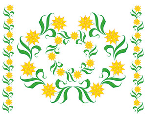 Fototapeta na wymiar Floral vector design with stylized green leaves and yellow flowers. Frame/ornament for embroidery and print. 