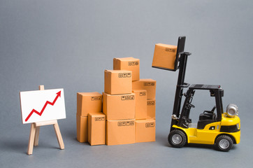 Yellow Forklift truck with cardboard boxes and a red arrow up. Increase sales, production of goods. Improving consumer sentiment, Production growth, business promotion on foreign markets.