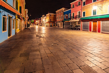 The colourful Burano in Italy at night without any people