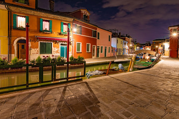 The colourful Burano in Italy at night without any people