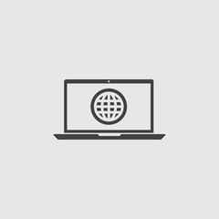 Laptop with globe icon in a flat design in black color. Vector illustration eps10