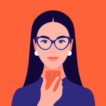Portrait of an Hispanic girl holding a mobile phone in her hand. Avatar female student with glasses. Addiction on the Internet and social networks. Vector flat Illustration