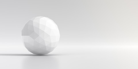 Elegant white background of Icosahedron. Abstract low poly sphere with triangular and smooth shadow. 3D Rendering.