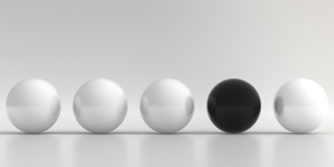 Different concept one black sphere in white.  Abstract low poly background and smooth shadow. 3D Rendering.
