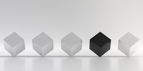 Different concept one black cube in white.  Abstract low poly background and smooth shadow. 3D Rendering.