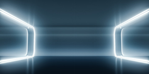 Futuristic empty space corridor with glow light and reflection. Abstract background sci-fi or science concept. 3D Render.