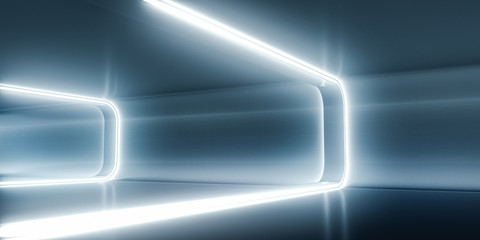 Futuristic empty space corridor with glow light and reflection. Abstract background sci-fi or science concept. 3D Render.