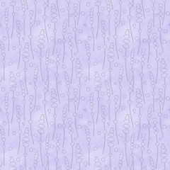 Lavender flowers purple contour line silhouettes seamless pattern on white background