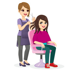 Young girl talking to hairdresser getting new hairstyle while sitting on hair salon
