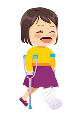 Little girl with plaster leg cast walking using crutches happy