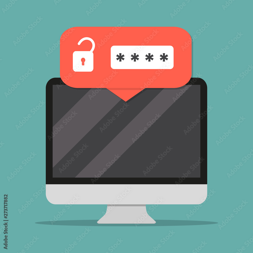 Poster computer monitor with unlocked password in a flat design