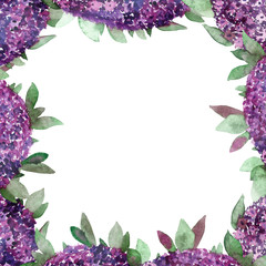 Watercolor hand painted summer nature border frame with purple flowers and green leaves and branches for invitations and greeting cards with the space for text