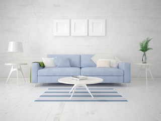 Mock up a compact living room with a stylish comfortable sofa and a trendy hipster backdrop.