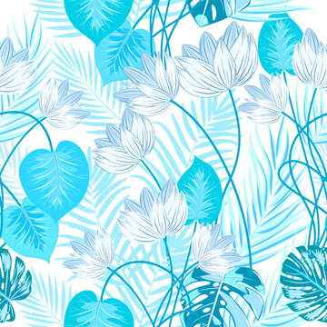 Vector tropical jungle seamless pattern with blue palm tree leaves and flowers