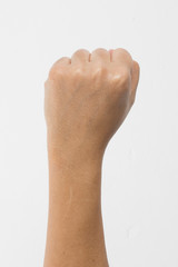 Close-up of a woman's hand and finger on white background