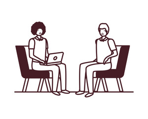 men sitting in chair with laptop on white background