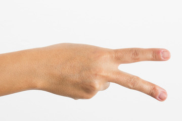 Close-up of a woman's hand and finger on white background