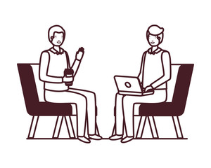 men sitting in chair with laptop on white background