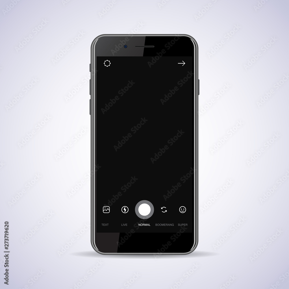 Poster smartphone with camera interface frame with flat icons isolated on black background