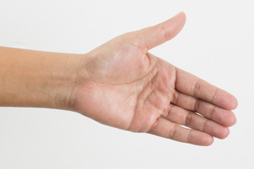 Close-up of a woman's hand and finger on white background