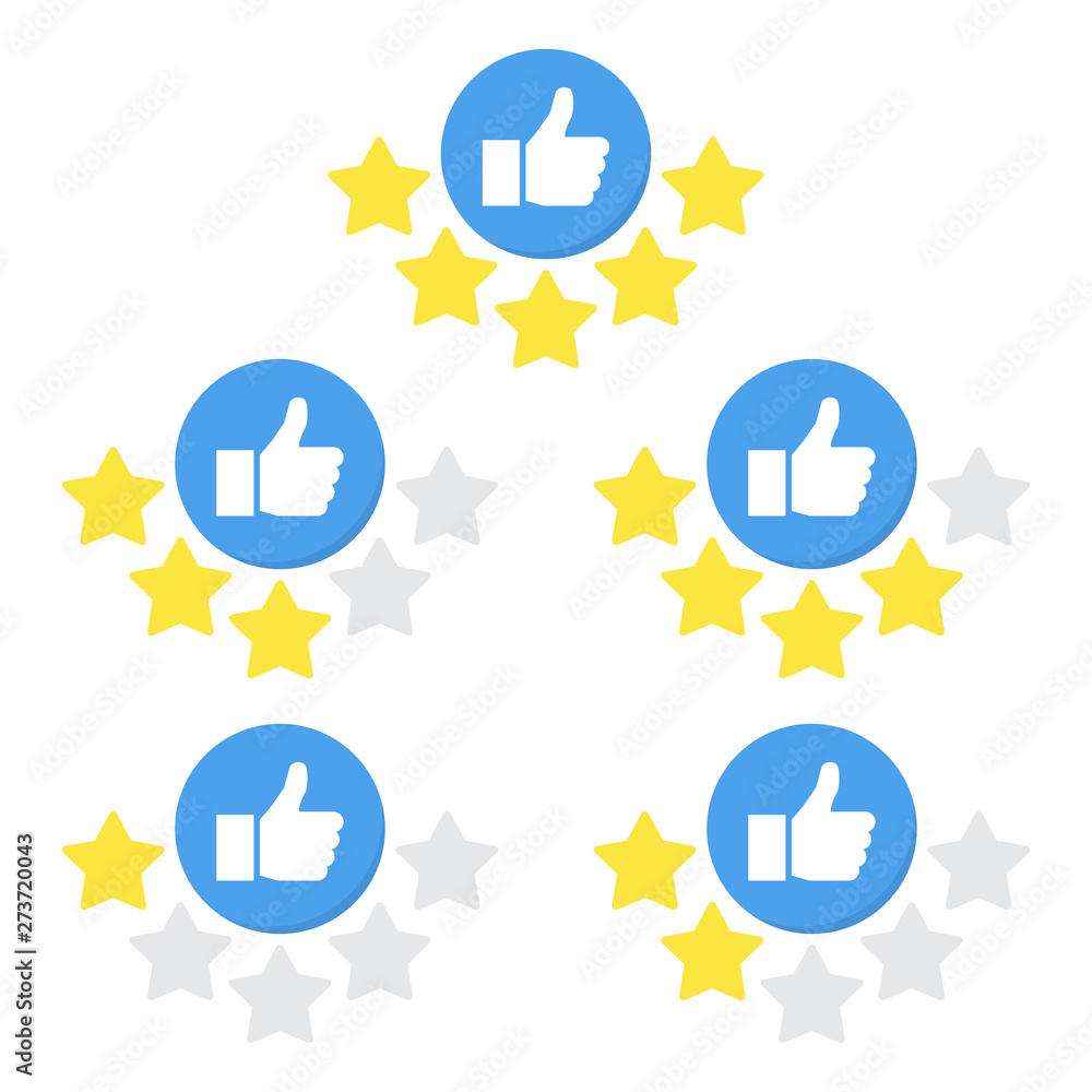 Aufkleber set of rating icon with hand and star in a flat design