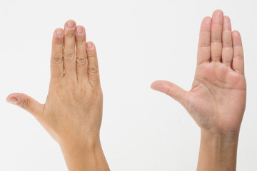 Close-up of a woman's hand and finger on white background