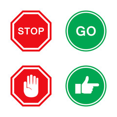 Stop and go signs in red and green with hand - obrazy, fototapety, plakaty