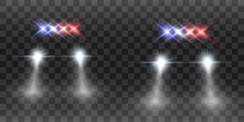 Realistic white glow round beams of car headlights, isolated on transparent background. Police car. Light from headlights. Police patrol.  © NAUM