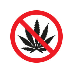 Prohibiting sign no drags with marijuana icon. Vector illustration