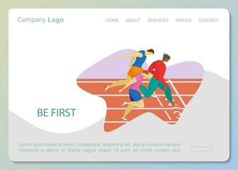 Group different races Male Flat Characters Running Distance track. Sport Jogging Competition. Athlete men Sprinter Sportsmen Run Marathon, Sprint Race Network Landing Page Template Vector Illustration