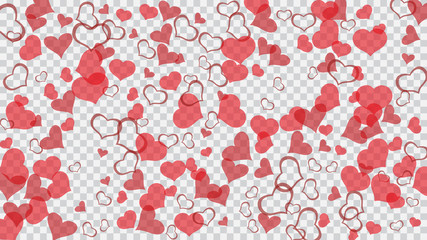 Red hearts of confetti are flying. Red on Transparent background Vector. Festive background. Part of the design of wallpaper, textiles, packaging, printing, holiday invitation for birthday.
