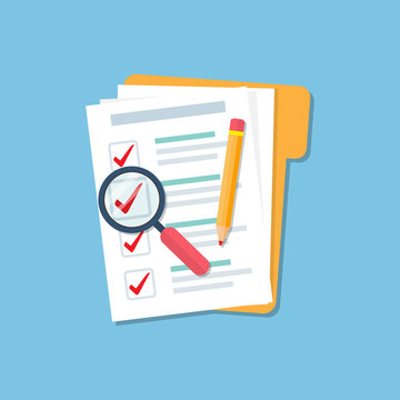 Folder with document checklist, magnify glass and pencil in a flat design. Audit concept