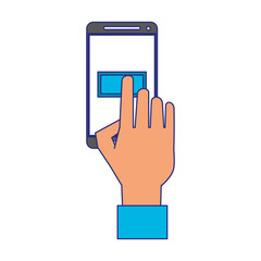 Hand touching button on smartphone screen blue lines