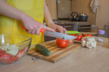 Woman hands cutting vegetables in the kitchen. Preparing dishes. Woman in kitchen preparing vegetables