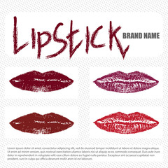 lipstick catalog page with lip prints in dark red wine shades. lipstick inscription. cosmetics design.
