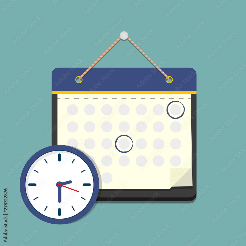 Poster calendar with clock in a flat design. schedule concept