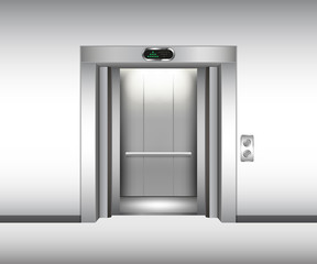 Realistic open metal elevator mockup. Vector illustration