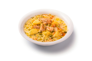 Salmon soup. Finnish salmon soup Lohikeitto, isolated on white background