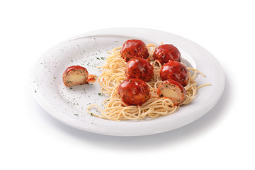 Meatballs in tomato sauce with spaghetti on  a plate, isolated on  white background