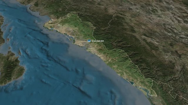 Sinaloa - state of Mexico zoomed on the satellite map of the globe. Animation 3D