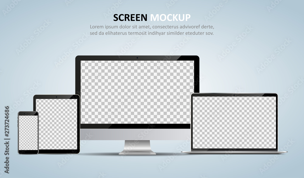 Poster screen mockup. computer monitor, laptop, tablet and smartphone with blank screen for design