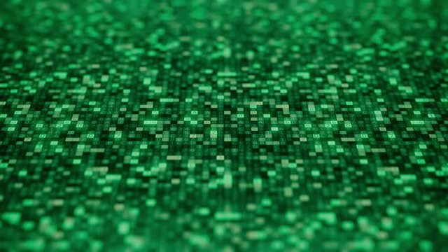 Hexadecimal symbols on a green computer screen compose CRYPTO word. Loopable 3D animation