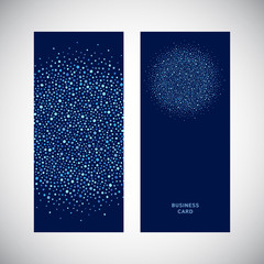 Invitation, business card design. Celebration, holiday vector layout. Round shape, circle made of uneven dots of various size, blobs, spots, beads, specks, flecks. Blue colors dotty pattern decoration