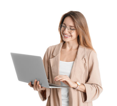 Portrait of young woman in office wear with laptop on white background