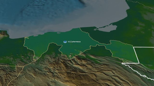 Tabasco - state of Mexico zoomed on the physical map of the globe. Animation 3D