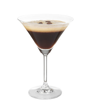 Glass Of Espresso Martini On White Background. Alcohol Cocktail